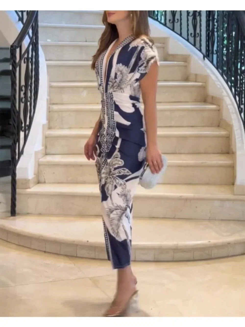 Women's Blue Polyester Elastane Floral Print V Neck Slit Bodycon Midi Dress